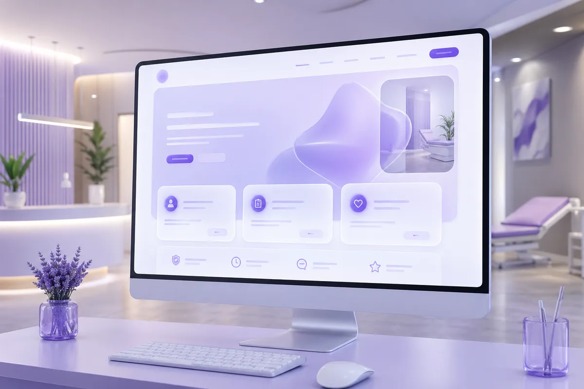 Ilustração premium: ecrã com layout de site médico minimalista em ambiente de consultório claro, tons violeta e branco.