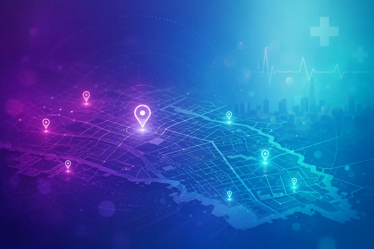 Ilustração premium: mapa urbano estilizado com pins de localização e luz suave, gradiente violeta e teal.