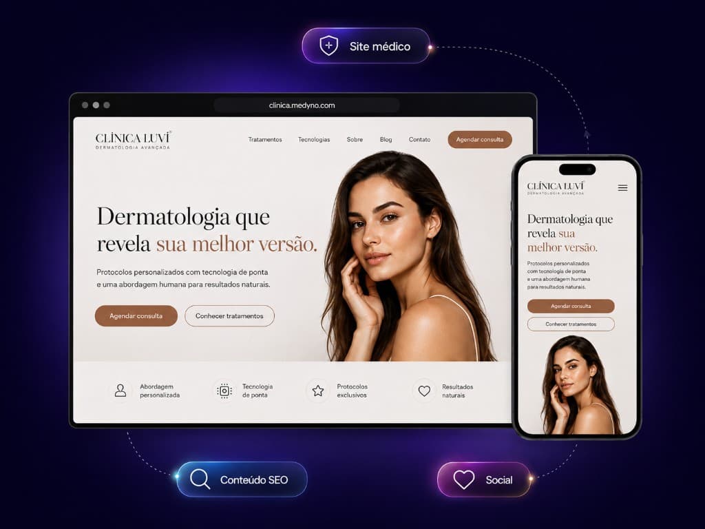 Site institucional de clínica criado com Medyno IA — versão desktop e mobile