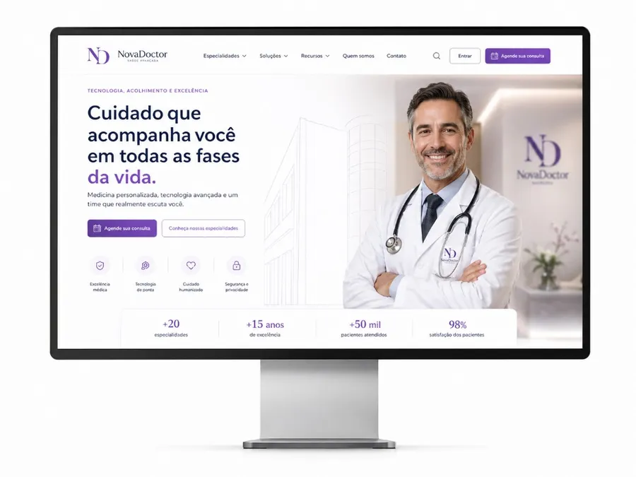 Home de site para médico — destaque com profissional de saúde e CTAs