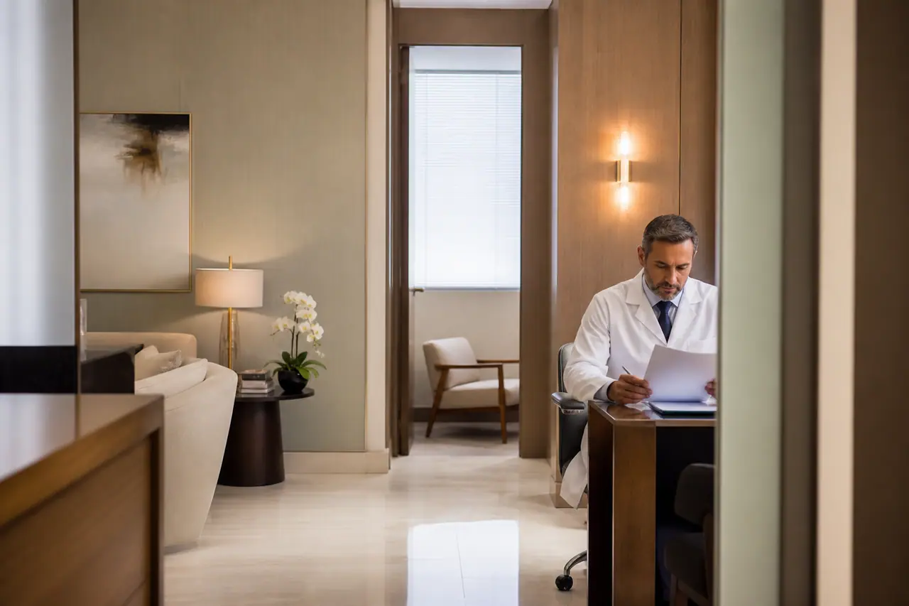 Cirurgião plástico revisando site institucional sóbrio no consultório com foco em ética e pacientes particulares