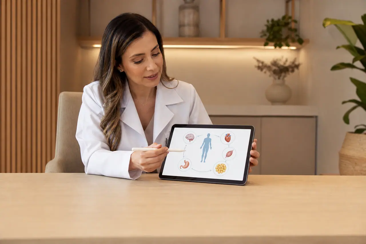 Endocrinologista revisando artigo educativo sobre metabolismo e tireoide para site médico