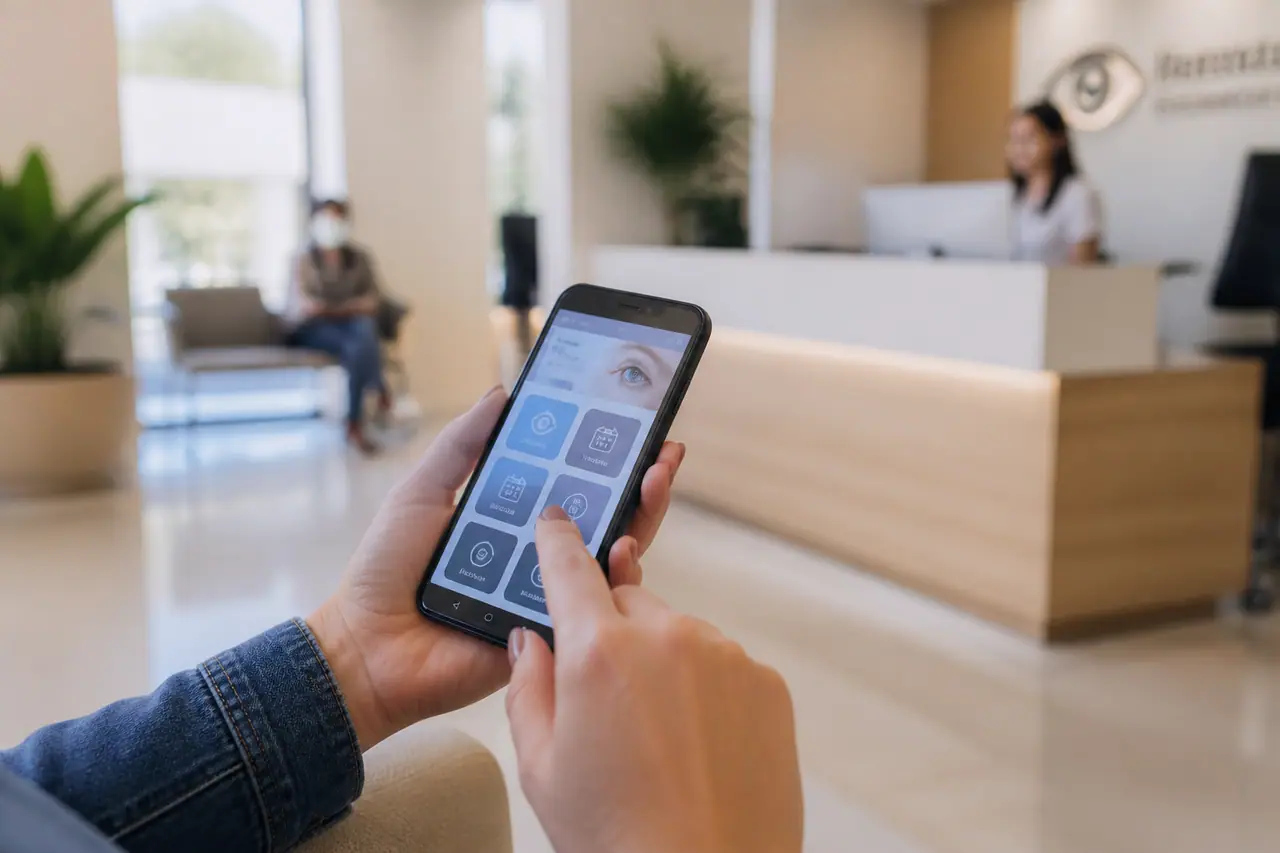 Paciente agendando consulta oftalmológica particular pelo smartphone na página do consultório