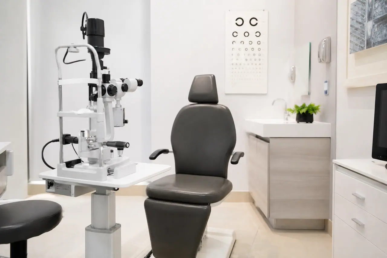 Consultório de oftalmologia com equipamento de exame e ambiente acolhedor para pacientes