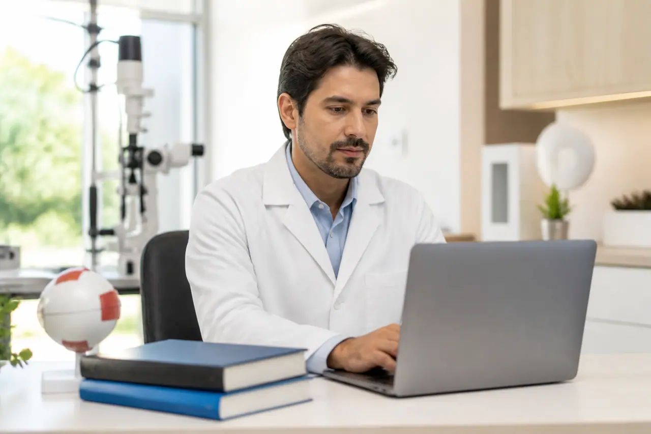 Oftalmologista revisando artigo educativo sobre exames de imagem para site médico ético