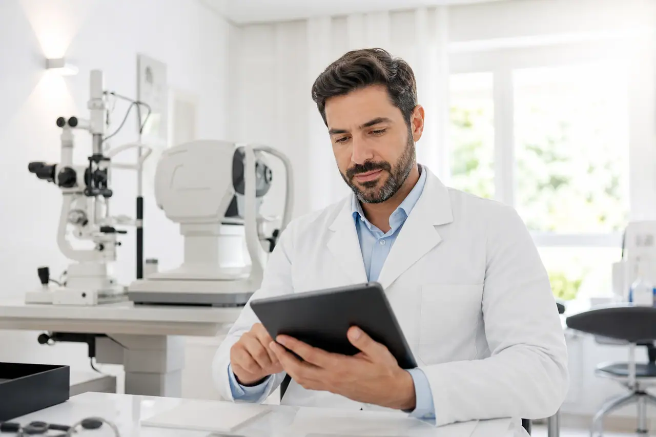 Oftalmologista revisando estrutura de site profissional no consultório com foco em pacientes e exames