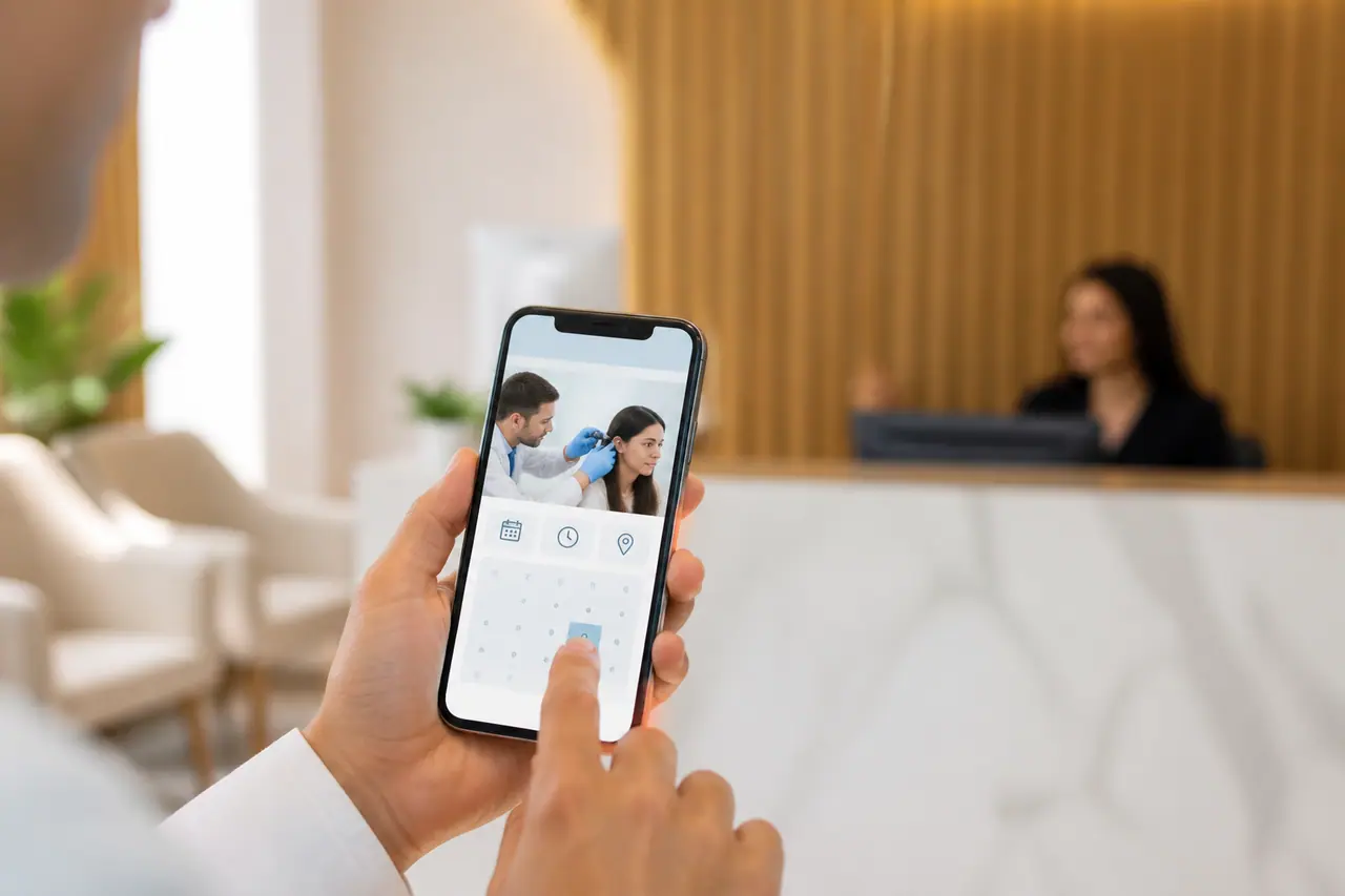 Paciente agendando consulta com otorrinolaringologista particular pelo smartphone