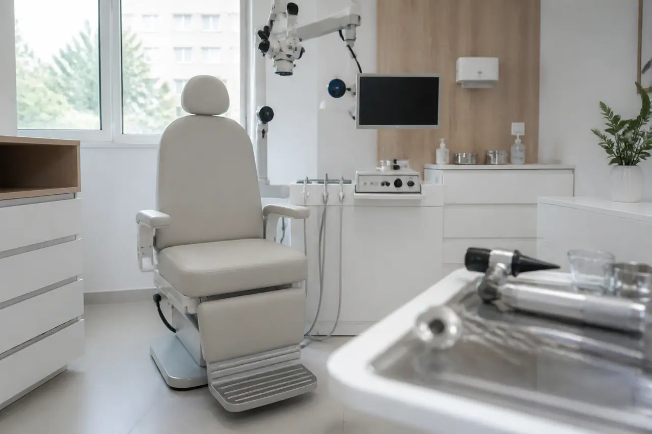 Consultório de otorrinolaringologia acolhedor com equipamentos de exame ORL visíveis ao fundo