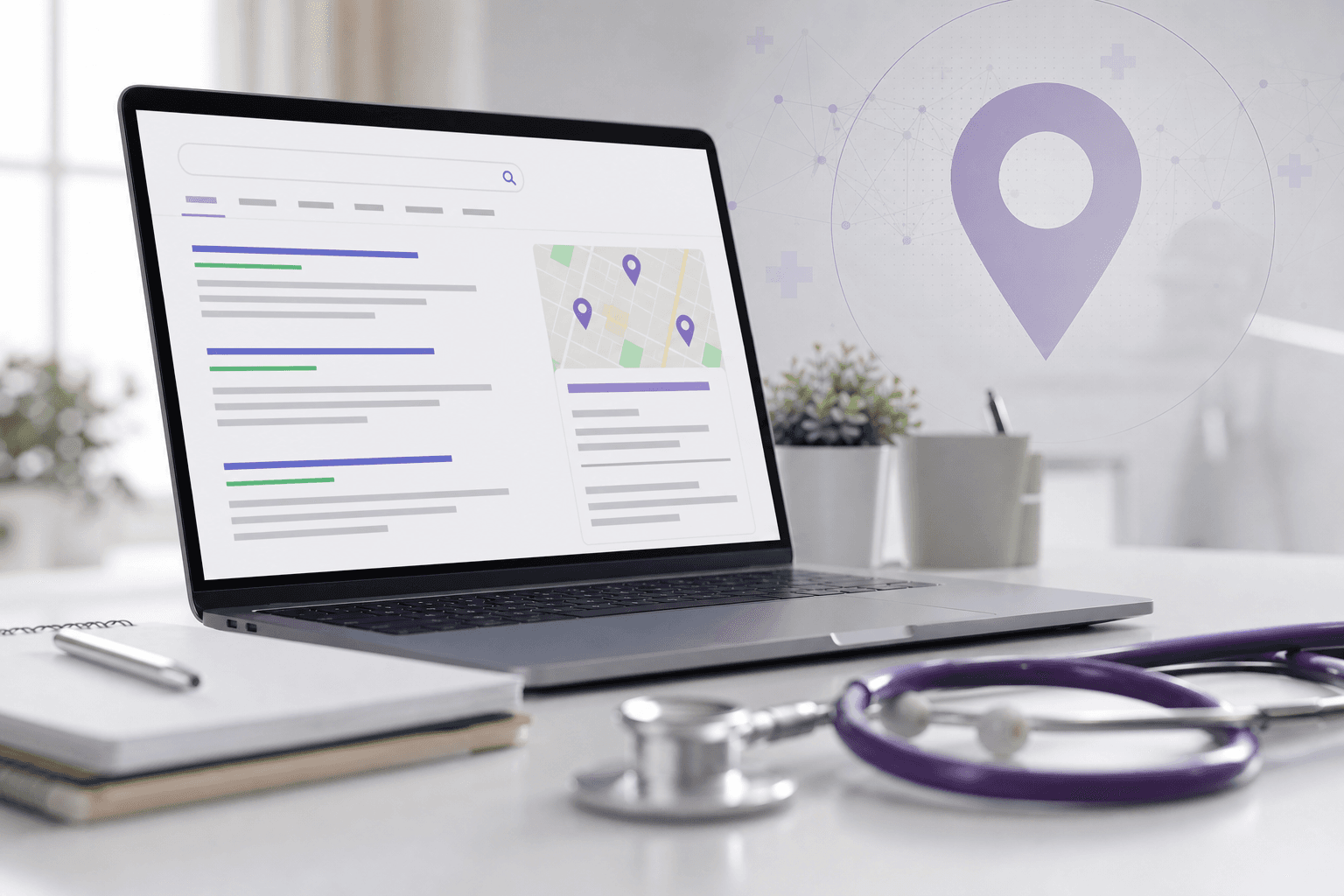 Painel de SEO e busca local para site de médico em notebook