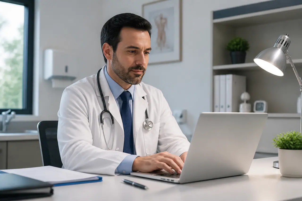 Urologista revisando artigo educativo sobre prevenção e saúde masculina para site médico